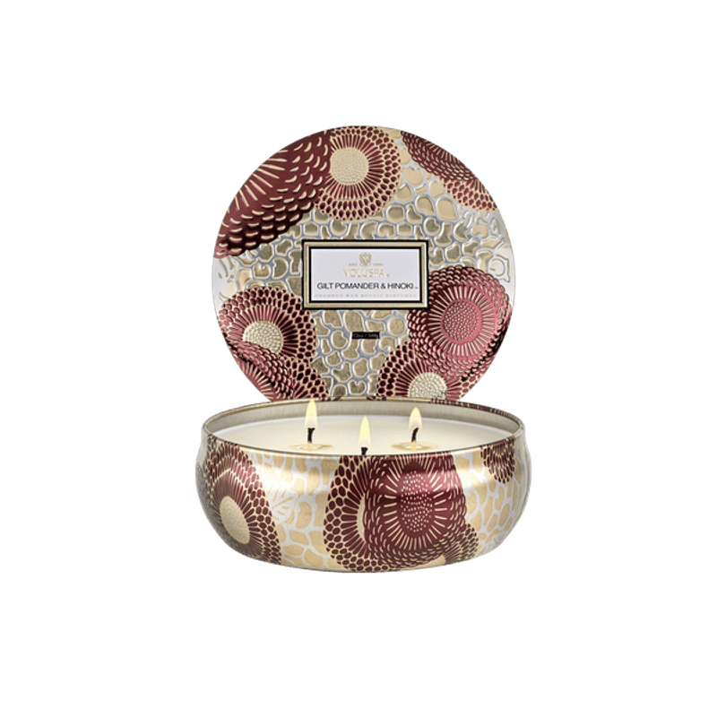 Voluspa Gilt Pomander & Hinoki 3-Wick Tin Candle 40timer